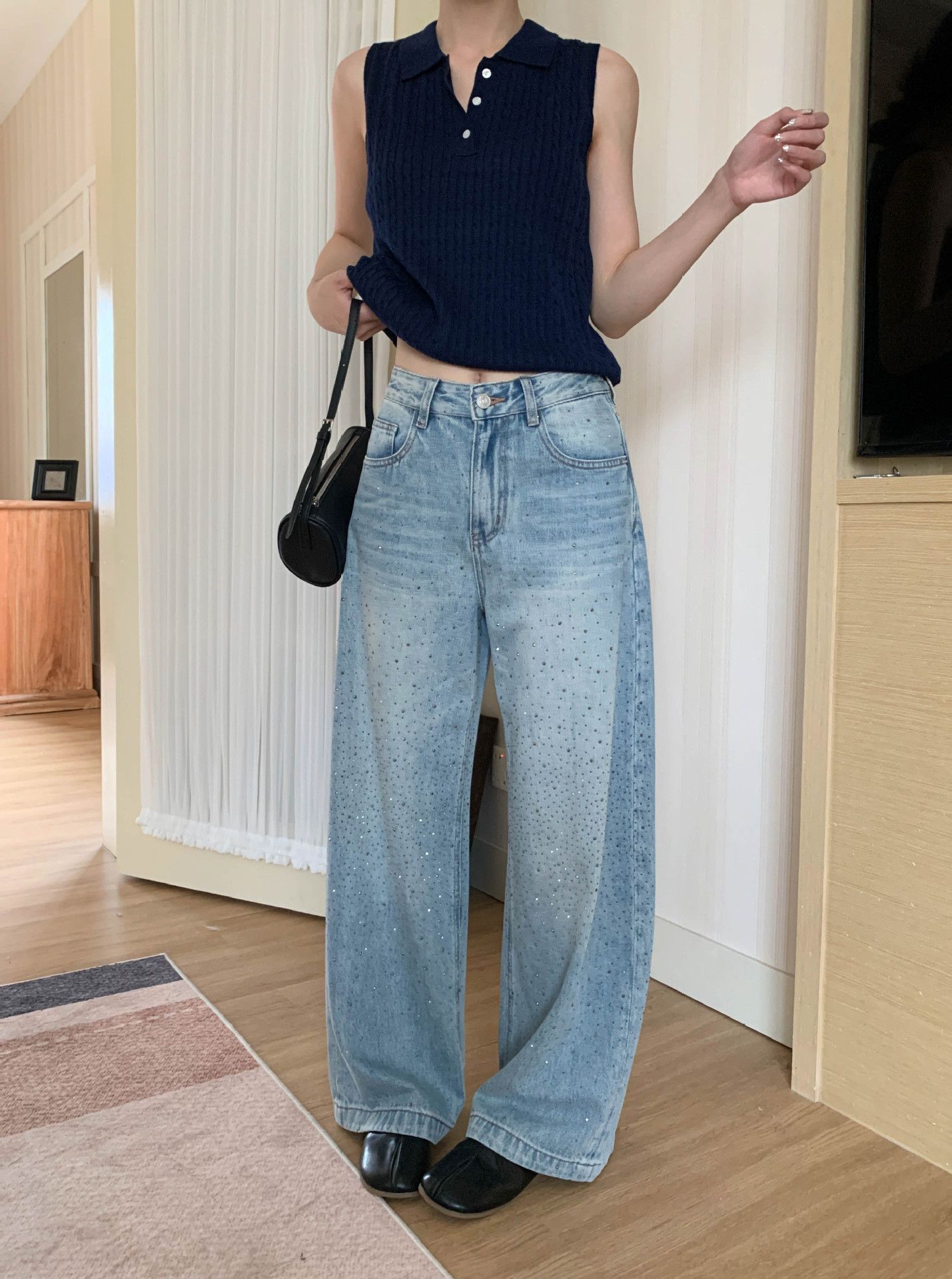 Gagd Fashionable and Comfortable~ High-Waisted Loose-Fitting Slimming Old Money Style Denim Wide-Leg Pants for Women with Heavy Rhinestone Embellishments