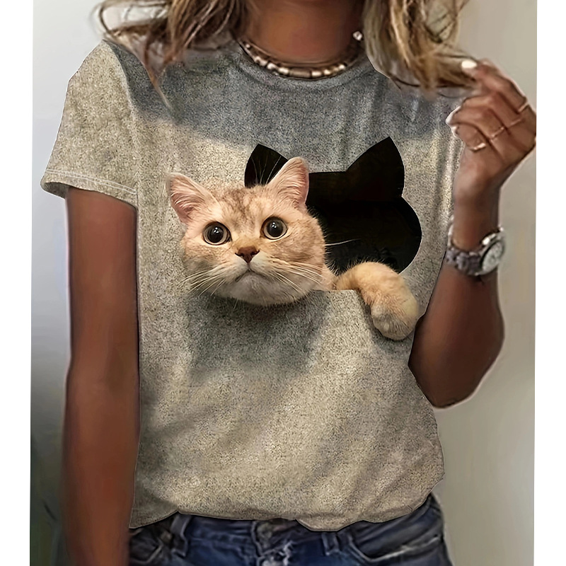 2026 Women's Street Fashion T-Shirt Cat Print Short Sleeve Daily Weekend Vintage Round Neck 3D Cat Painting Short Sleeve