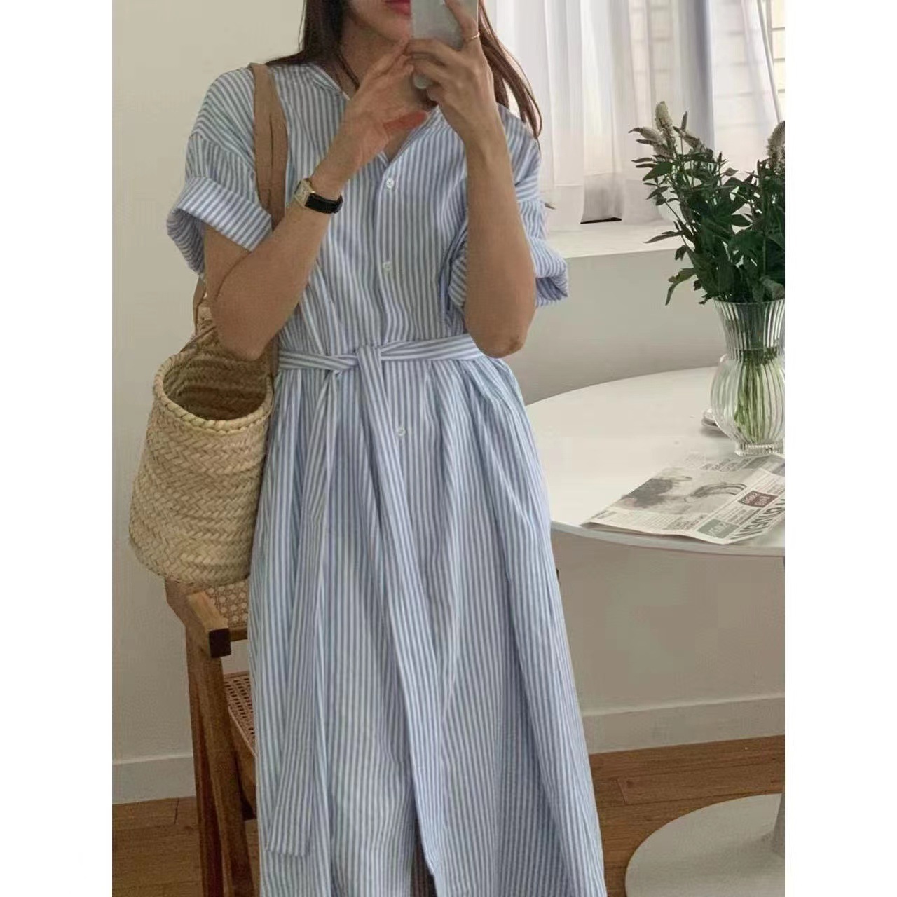 South Korea Dongdaemun Chic Summer New Simple Round Neck Single-breasted Lace-up Waistband Striped Shirt dress