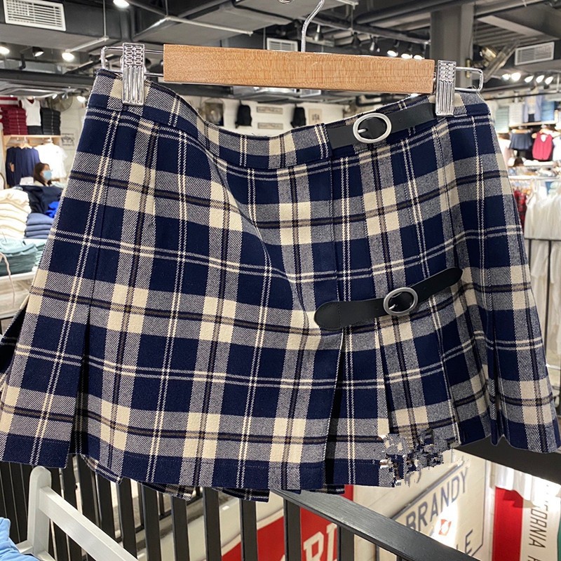 BM style brandy same style new American retro leather buckle Plaid bm pleated skirt skirt Plaid high waist women's fashion