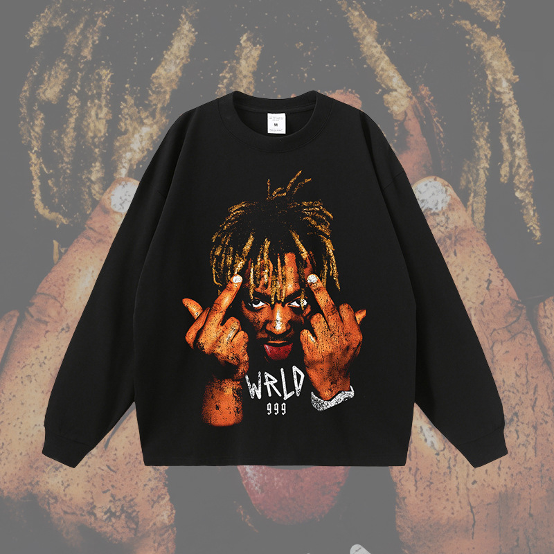 European and American high street rap portrait printing heavy distressed long sleeve men's and women's hip hop distressed short T half sleeve bottoming tee shirt