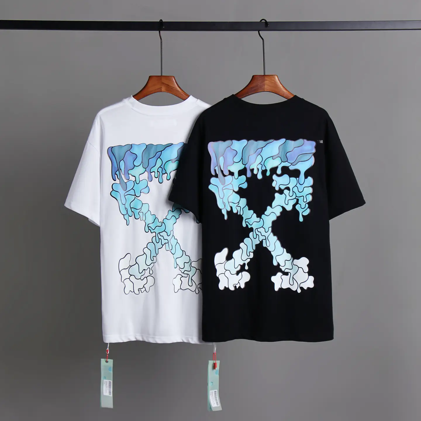 High quality pure original version 2023 SS off current water droplet blue gray gradient arrow men's and women's short sleeved one piece generation