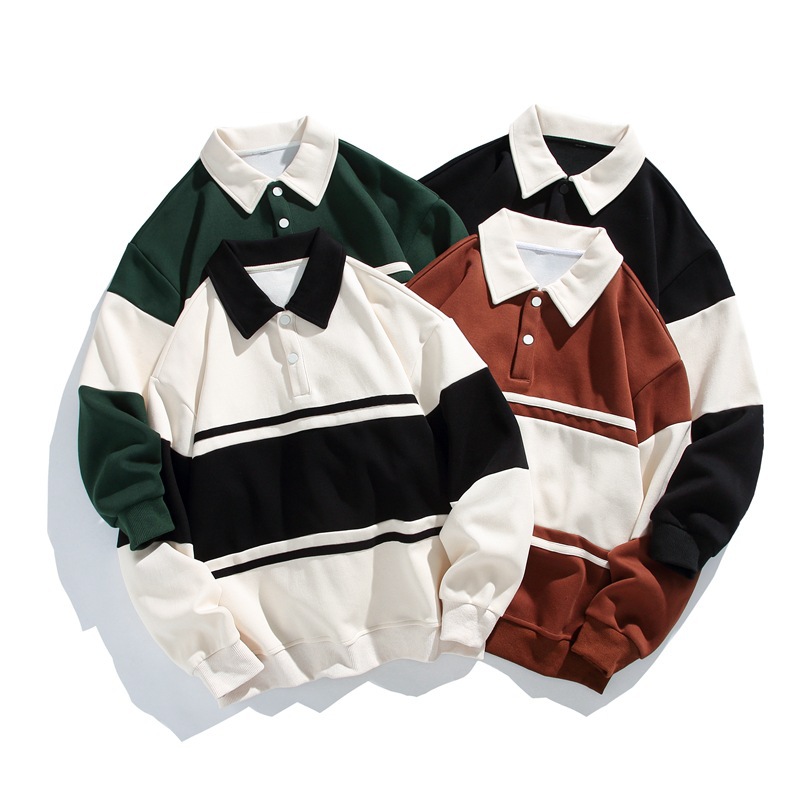 Men's and Women's Spring and Autumn New Trendy Loose Clothing Trendy Brand Striped Couple Hong Kong Style Double Pique Cotton Sweatshirt Polo Shirt