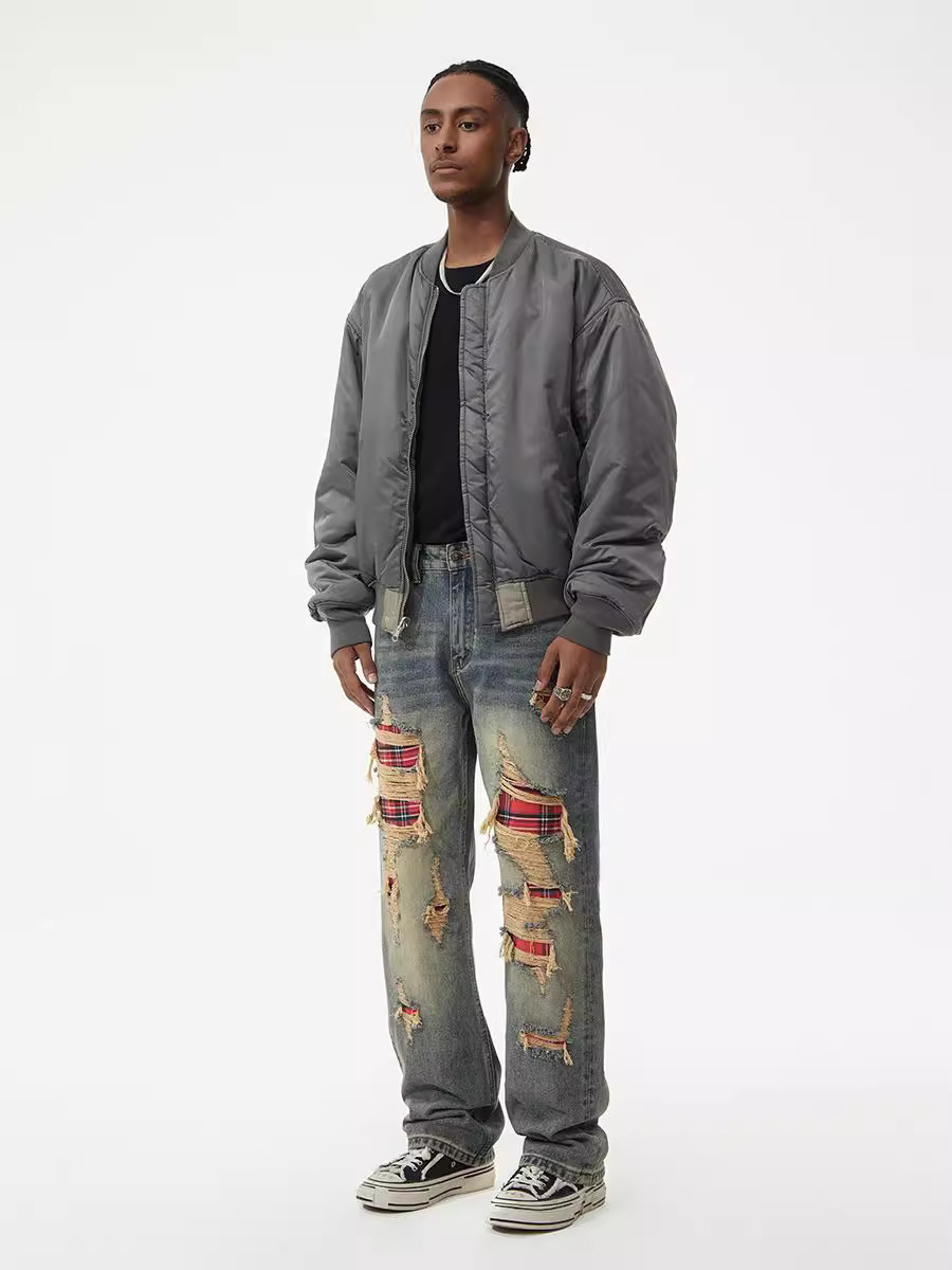 in stock American Retro Fashion Brand New Ripped Patch Loose Straight Jeans Fashion Personalized Men's Jeans