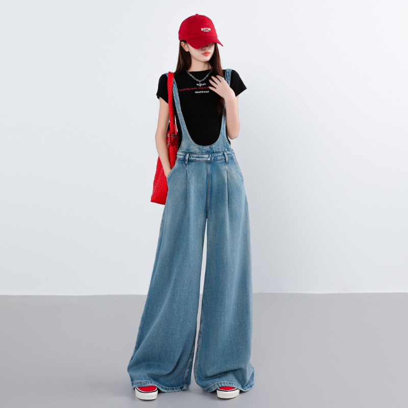 Youthful Denim Overalls for Women, Wide-Leg Pants, New Spring and Autumn Style, Loose Straight Casual Korean Style, Slimming Floor-Length Pants