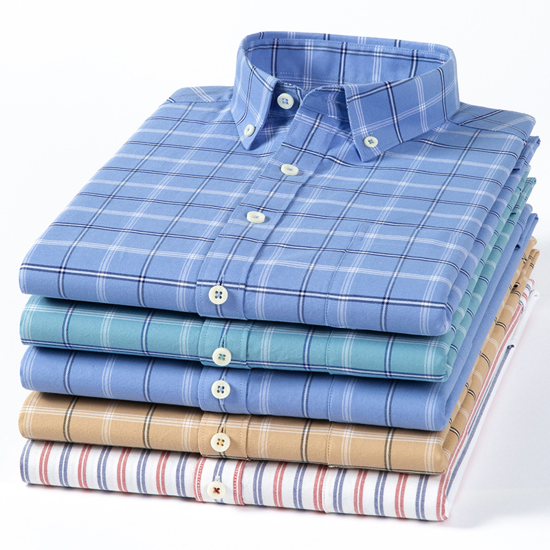 Spring and Autumn New Men's Cotton Oxford Long Sleeve Shirt Youth Men's Business Casual Single Wear Plaid Business