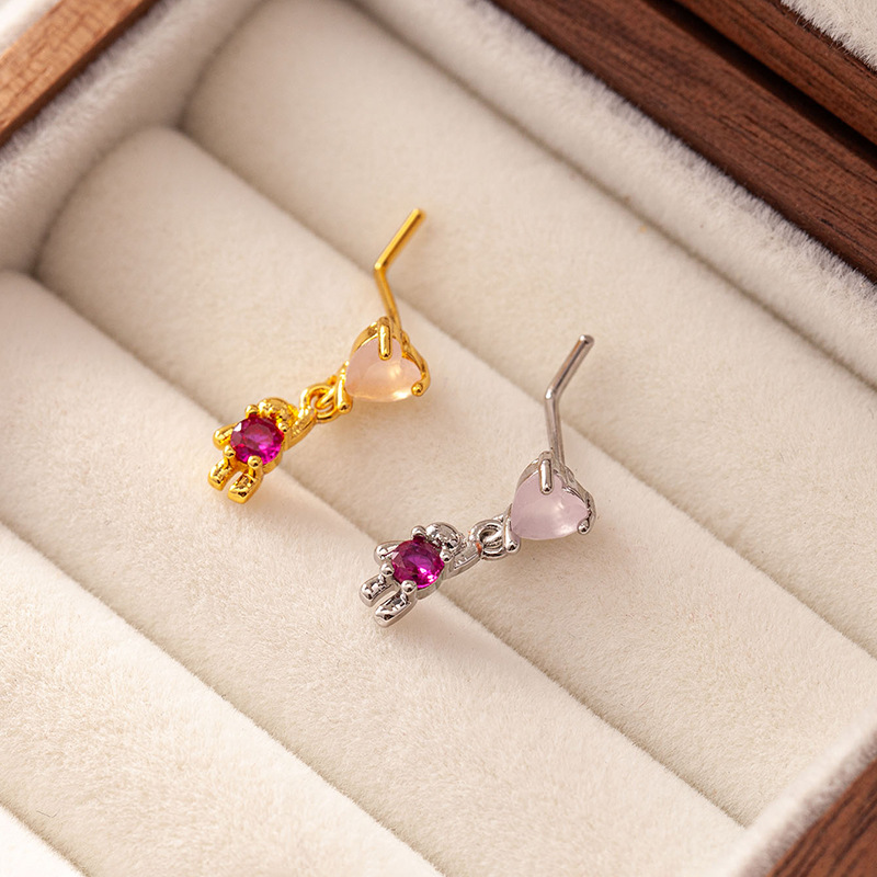 Cross-Border Hot-Selling Bear-Shaped L-Shaped Nose Stud with Ultra-Sparkly Micro-Inlaid Zircon, Trendy and Unique European and American Style Piercing Nose Jewelry