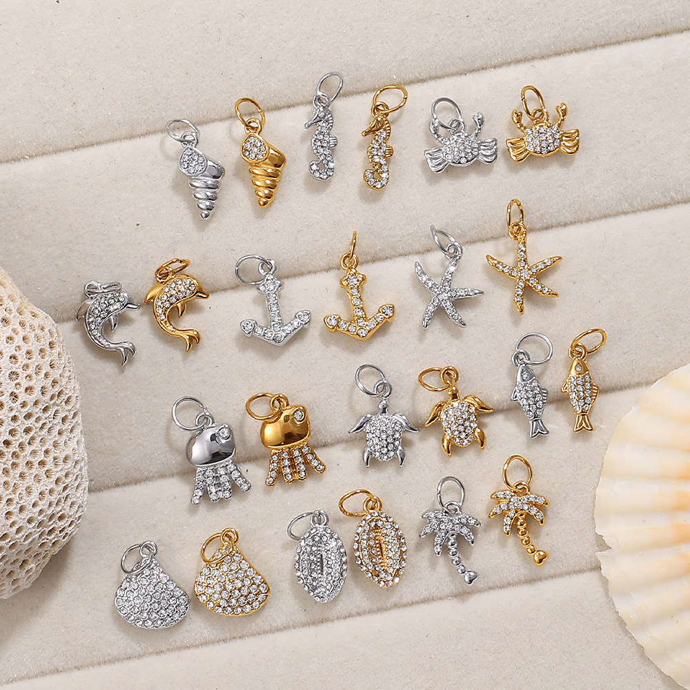 Ins Style Beach Style Exquisite Inlaid Rhinestone Starfish Coconut Tree Pendant DIY Necklace Pendant Stainless Steel Bracelet Accessories