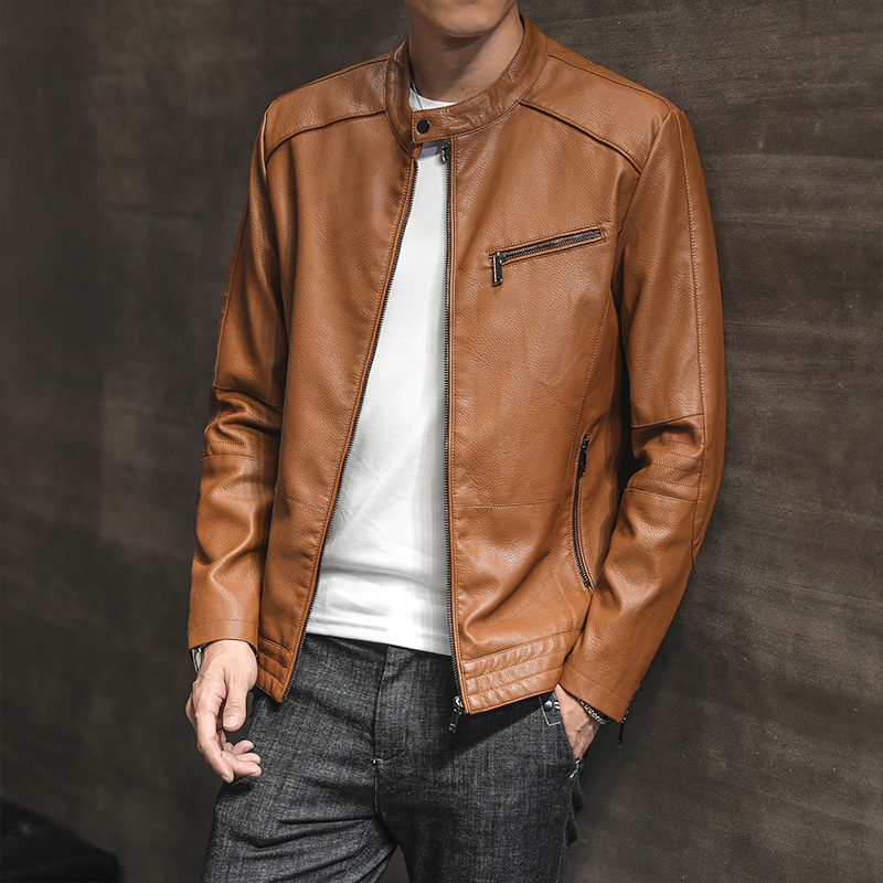 19 Autumn and Winter Men's Casual Leather Motorcycle Coat Korean Style Slim-fit Fashionable Youth Men's Leather Jacket Fleece-lined Men's Wear