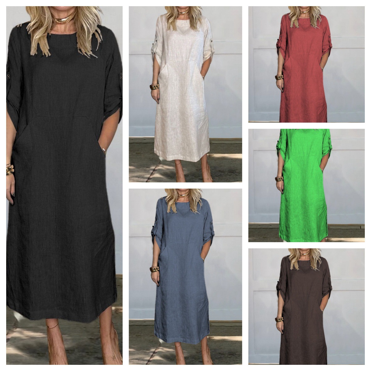 2024 Spring and Summer Explosions Women's Cotton and Linen Solid Color Casual Round Neck Double Side Pocket Long dress