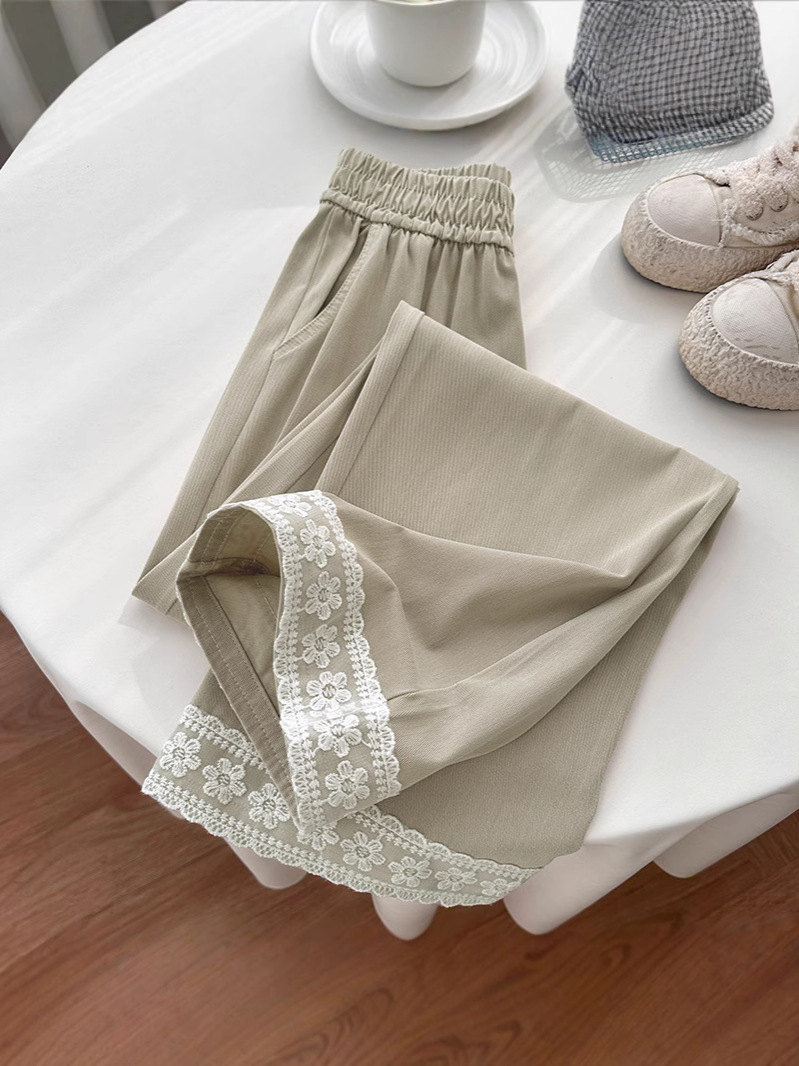 Tencel Denim Straight-Leg Pants for Women, Spring/Summer 2026 New High-Waisted Slimming Petite Lace-Trimmed Casual Wide-Leg Pants