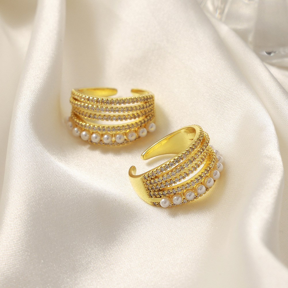 Hepburn Style Elegant Jewelry Inlaid with Zircon Imitation Pearl Design Sense Multi-Layer Stacked Wearing Style Copper Ring