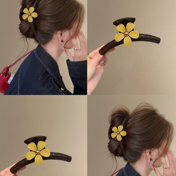 2026 New Style~ French Retro Yellow Floral Hair Clip, Large Size for Thick Hair, Elegant Shark Clip with a High-End Feel for Hair Styling
