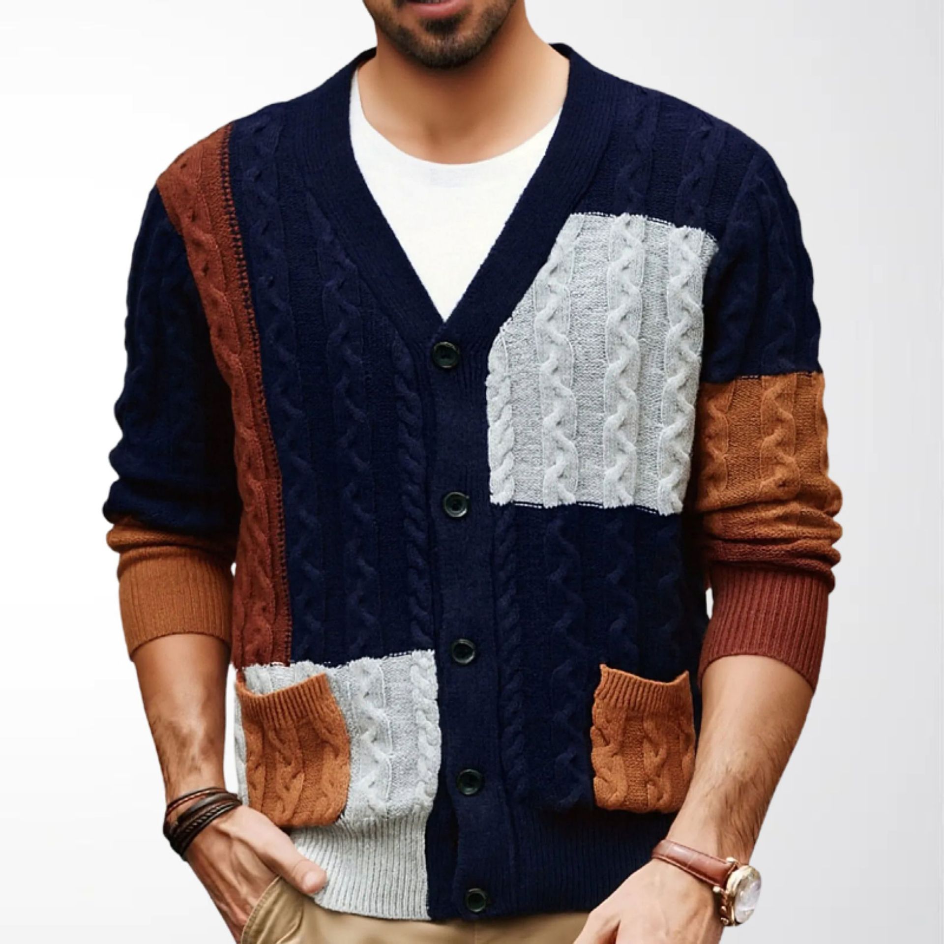 Autumn and Winter Color-Blocked Twist-Knit Cardigan with Contrasting V-Neck, Long-Sleeve Sweater Jacket for Commuting, Men's Foreign Trade Clothing Sy0132
