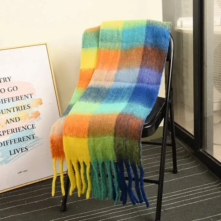 Scarf Women's Winter ac Double-sided Rainbow Plaid Shawl Long Hippo Hair Color-block Scarf Men's Same Tassel