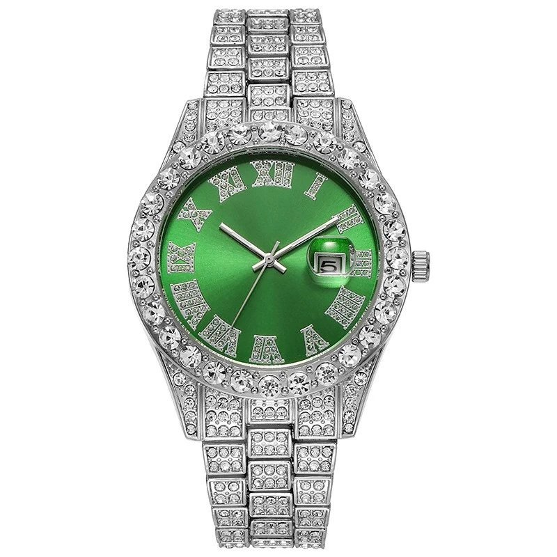 Hip Hop Big Dial Burst Diamond Cuban Chain Watch Set YYMY
