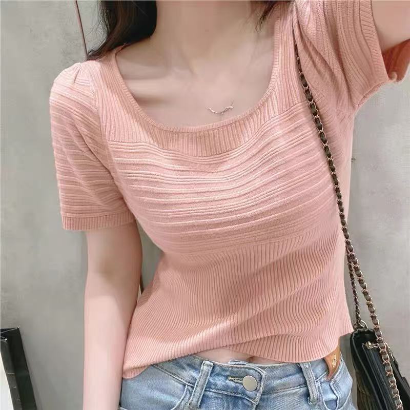 French-Style Retro Short-Sleeve T-Shirt for Women, Square-Neck Knit Top, Summer Women's Fashion, High-Waisted Puff Sleeve Blouse
