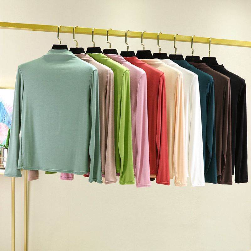 Summer Thin Bit Cotton T-Shirt Women's Korean Style High Collar Long Sleeve Solid Color Base Shirt New Large Size Loose T-Shirt