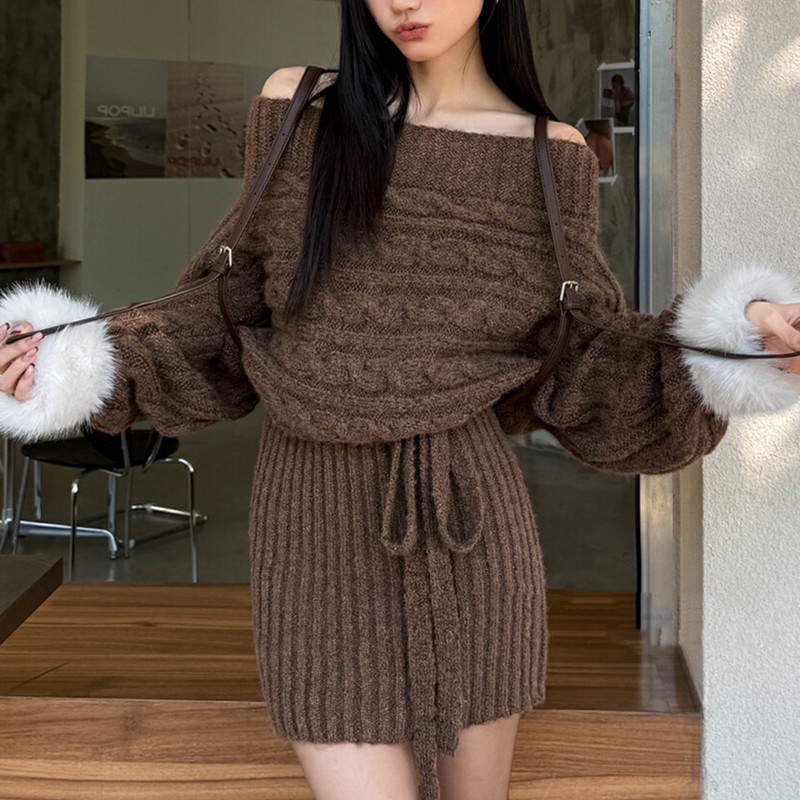 2025 Autumn/Winter New Korean Style Design Strapless Off-Shoulder Sweater Dress with Unique Pure Desire Waist-Cinching Atmosphere Dress