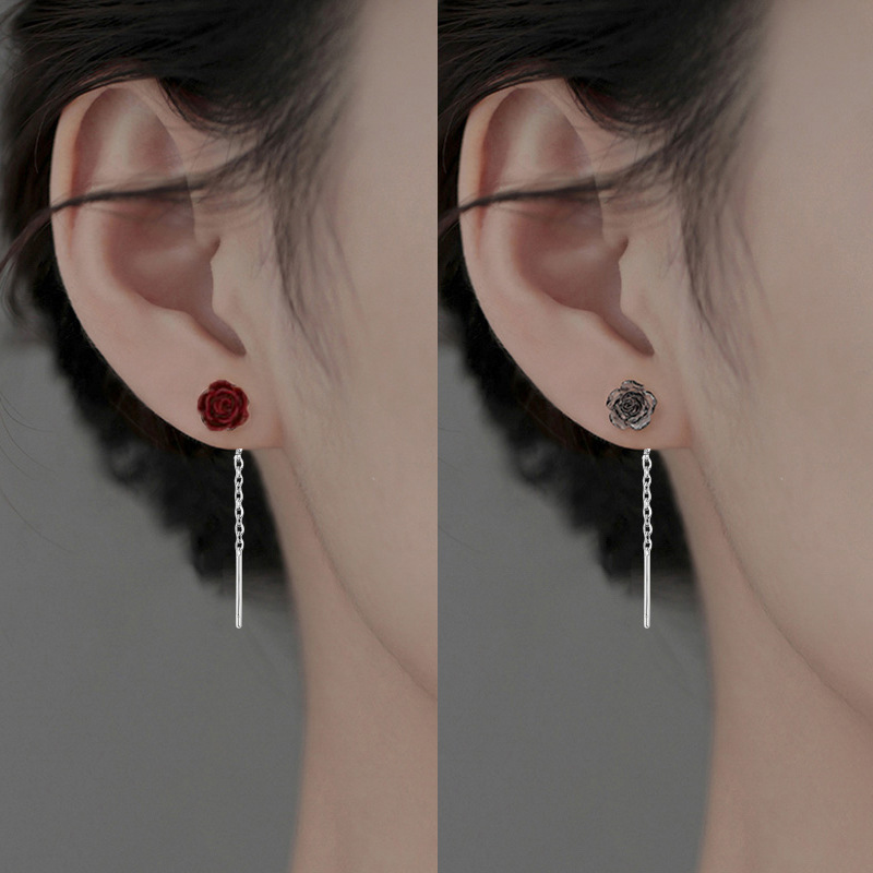 Gradient Black Rose Flower Ear Line Women's French Retro Light Luxury Fashion Earrings Small Camellia Tassel Ear Chain