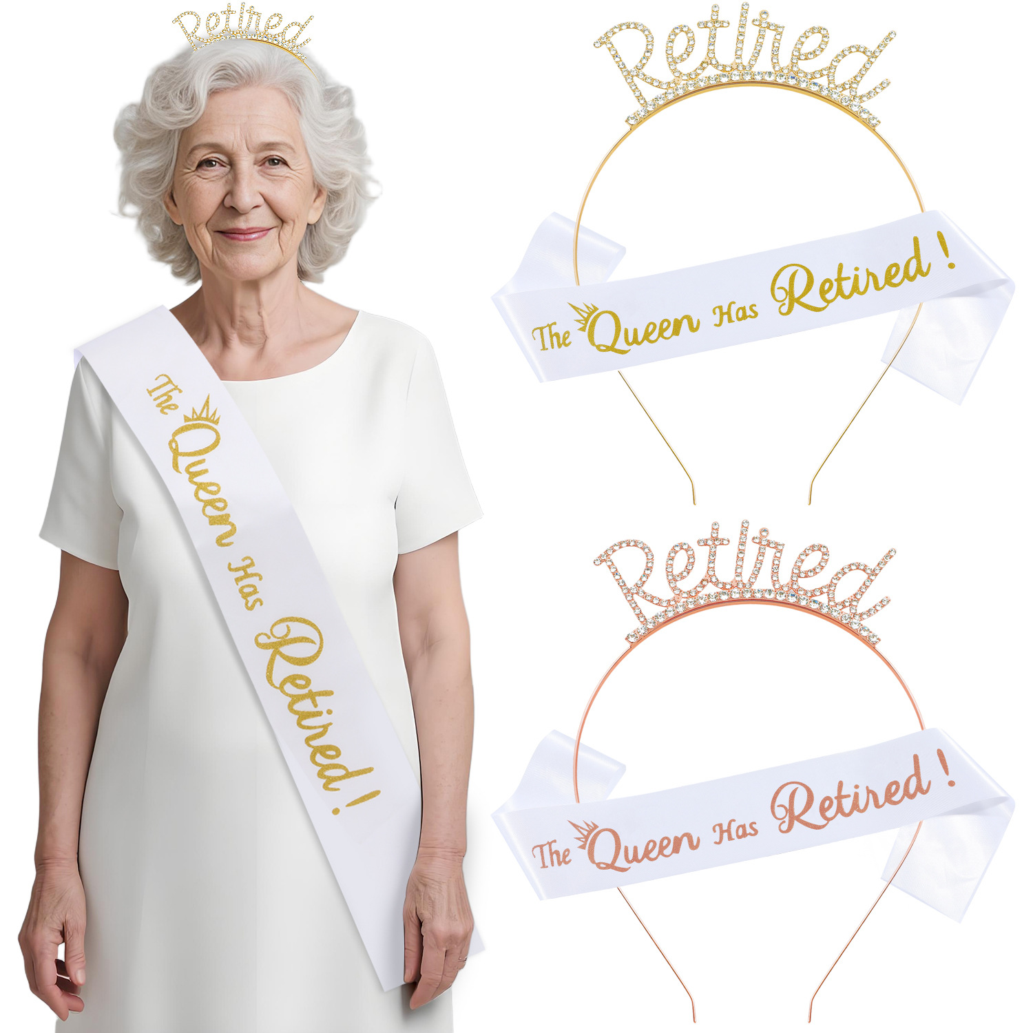 Cross-Border Fashion Retirement Party Retired Alloy Headband with Glitter Shoulder Strap 2-Piece Set Glitter Queen Ceremonial Belt