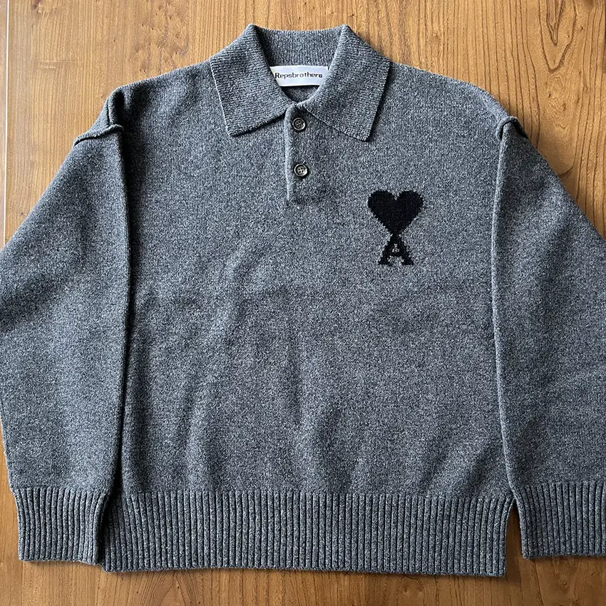 AMI Paris Polo Collar Love Heart Sweater Grey