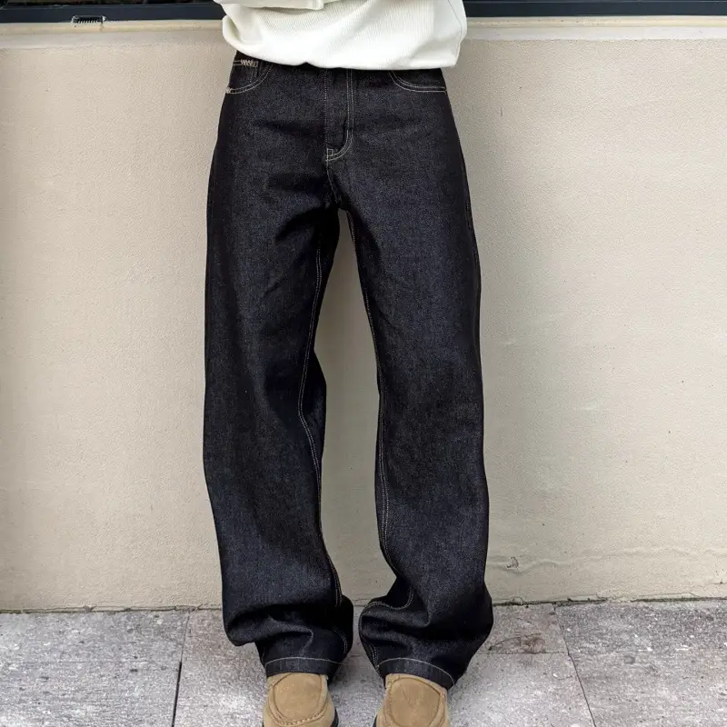 Auticup American Retro Hand-Sewn Needle Non-Fading Raw Cow Jeans Slimming Look Loose 13.5 oz Straight Pants