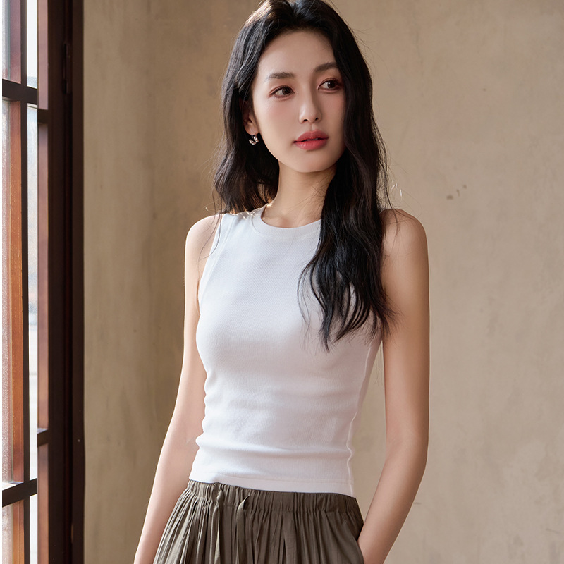 2026 Summer Ribbed Tank Top for Women Korean Style Casual Sleeveless Round Neck Slim Fit Stretchy Layering Top