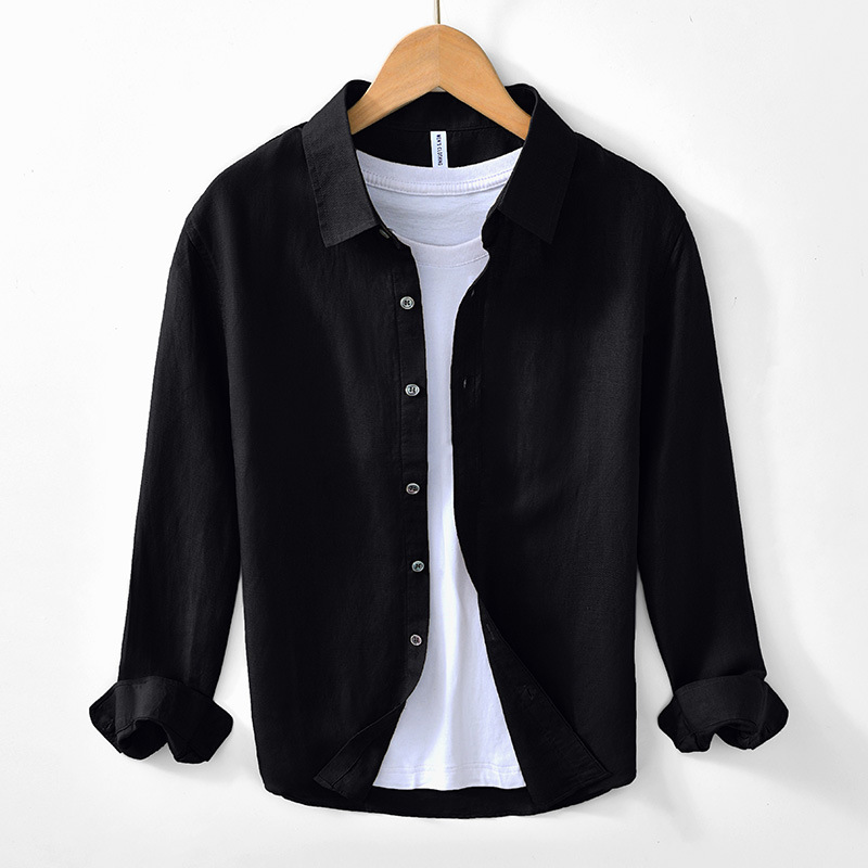 L158 basic popular solid color linen long sleeve shirt retro loose casual lapel shirt a generation of hair