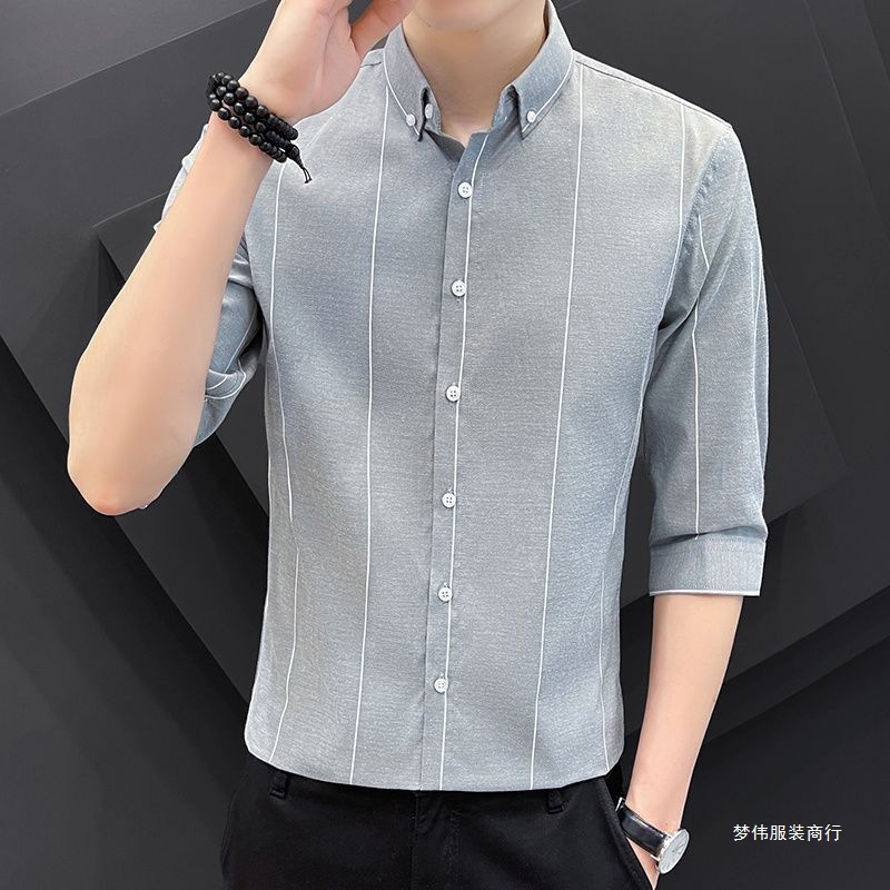 New Korean Style Men's Three-Quarter Sleeve Shirt Summer Thin Trendy Slim Fit Teenager Student Handsome Mid-Sleeve Mengwei