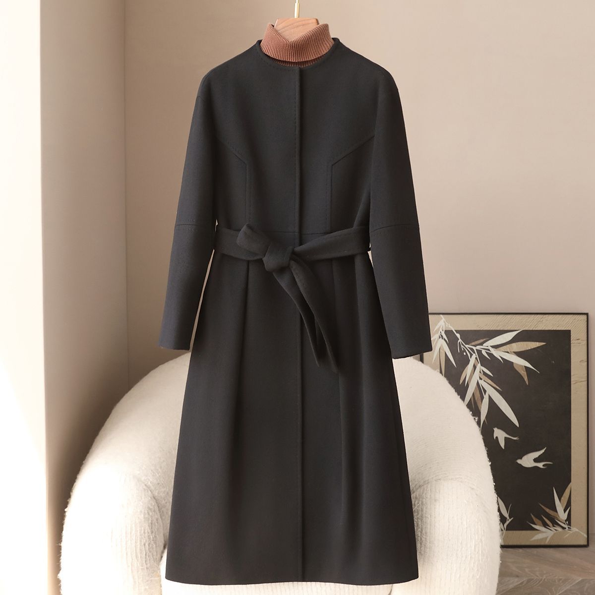 Minimalist New Style Round Neck Tie Wool Coat for Women, Lazy Style Long Woolen Coat, Spring 2026