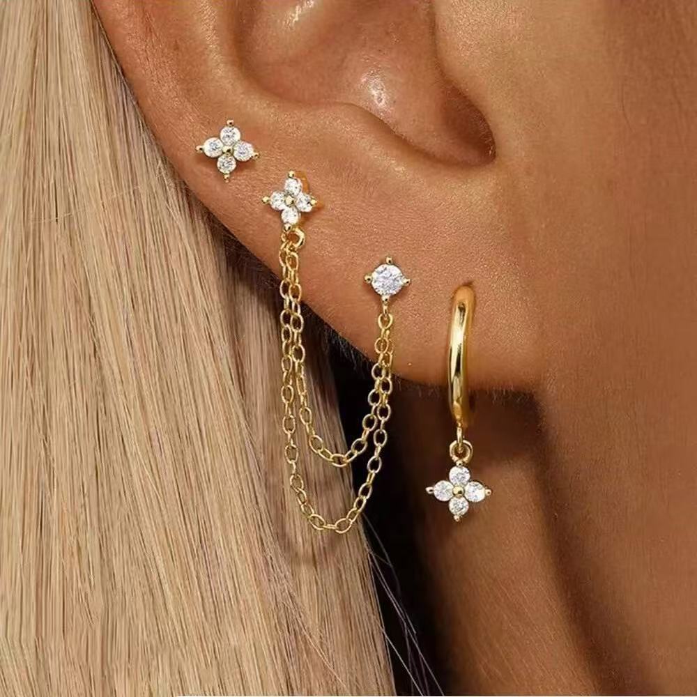 Cross-Border Hot-Selling Four-Leaf Clover Zircon Earrings, Fashionable and High-End, with Square Zircon Chain Tassel Style Earring Set