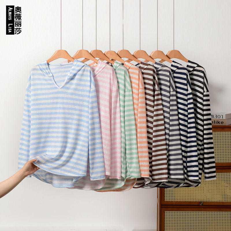 European and American Style Cross-Border New Plus-Size Striped Hooded Long-Sleeve Pullover Air Conditioning Jacket, Can Be Worn Outside as a Sun Protection Top