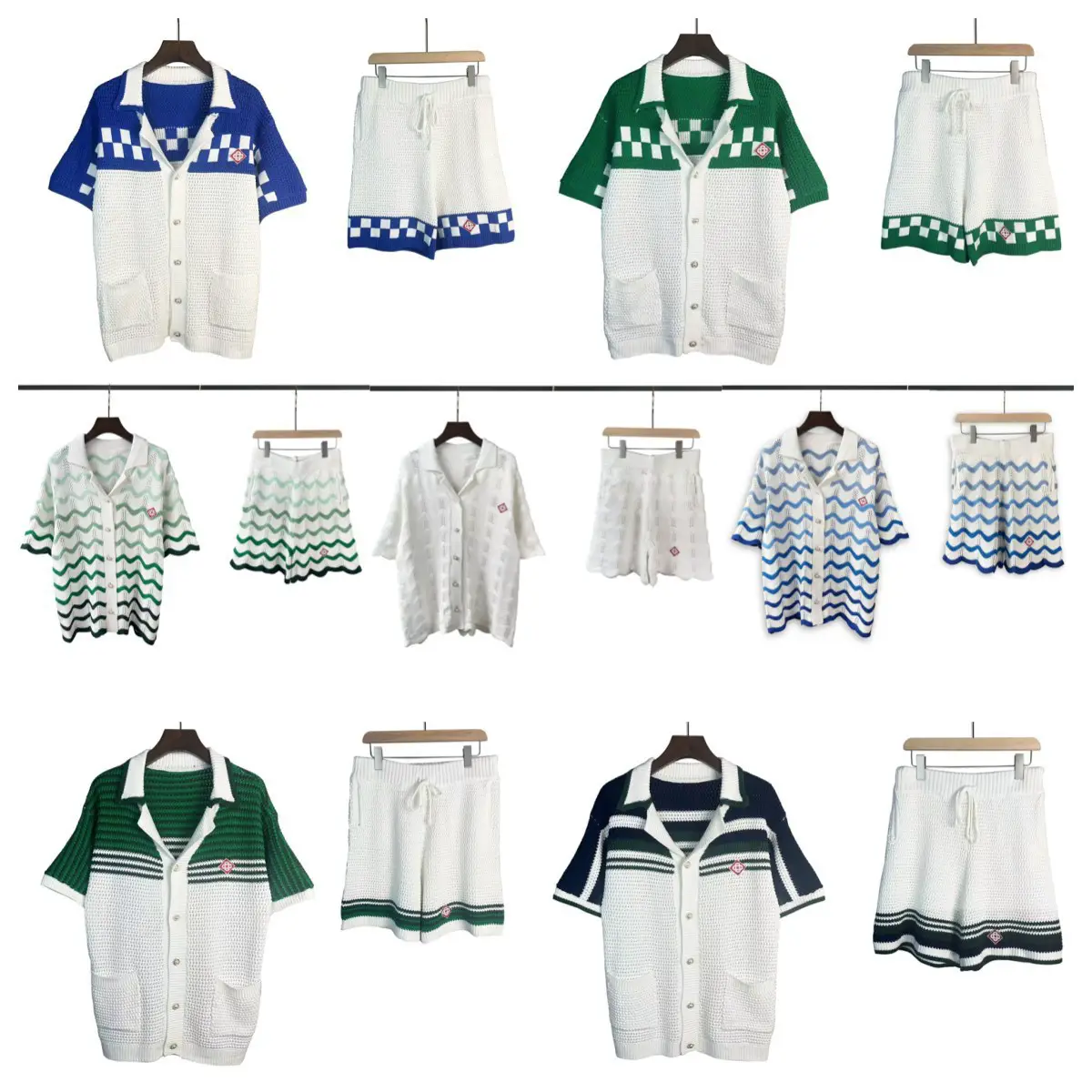 Casablanca Pearl Button Contrasting Color Cut Out Knitwear Knitwear Men's and Women's Short-Sleeved Cardigan Shorts Suit Summer