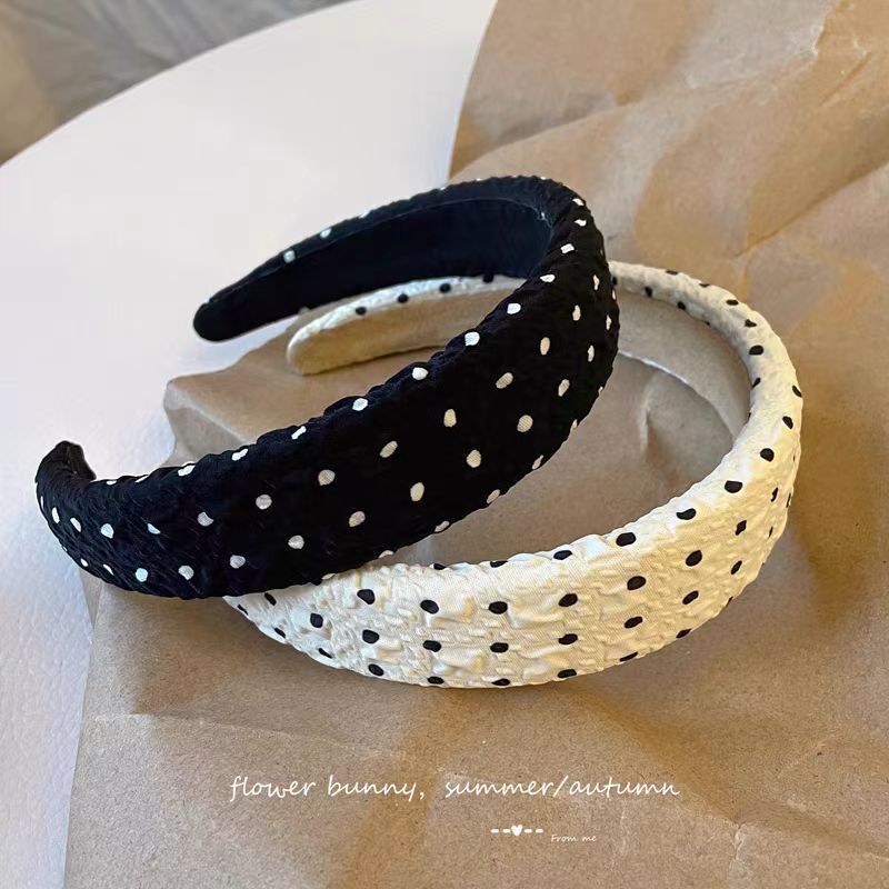 Sweet Cool Western Style Wave Dot Black and White Folded Chiffon Hair Band Wide Thickened Raised Cranial Top Slimming Round Face Head Band Cute