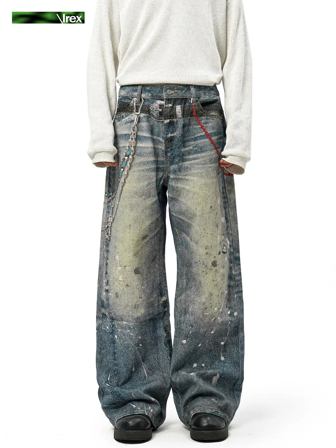 IREX 3D Jeans AC Style Chain Pendant Print Faux Splash Summer American Street Vintage Casual