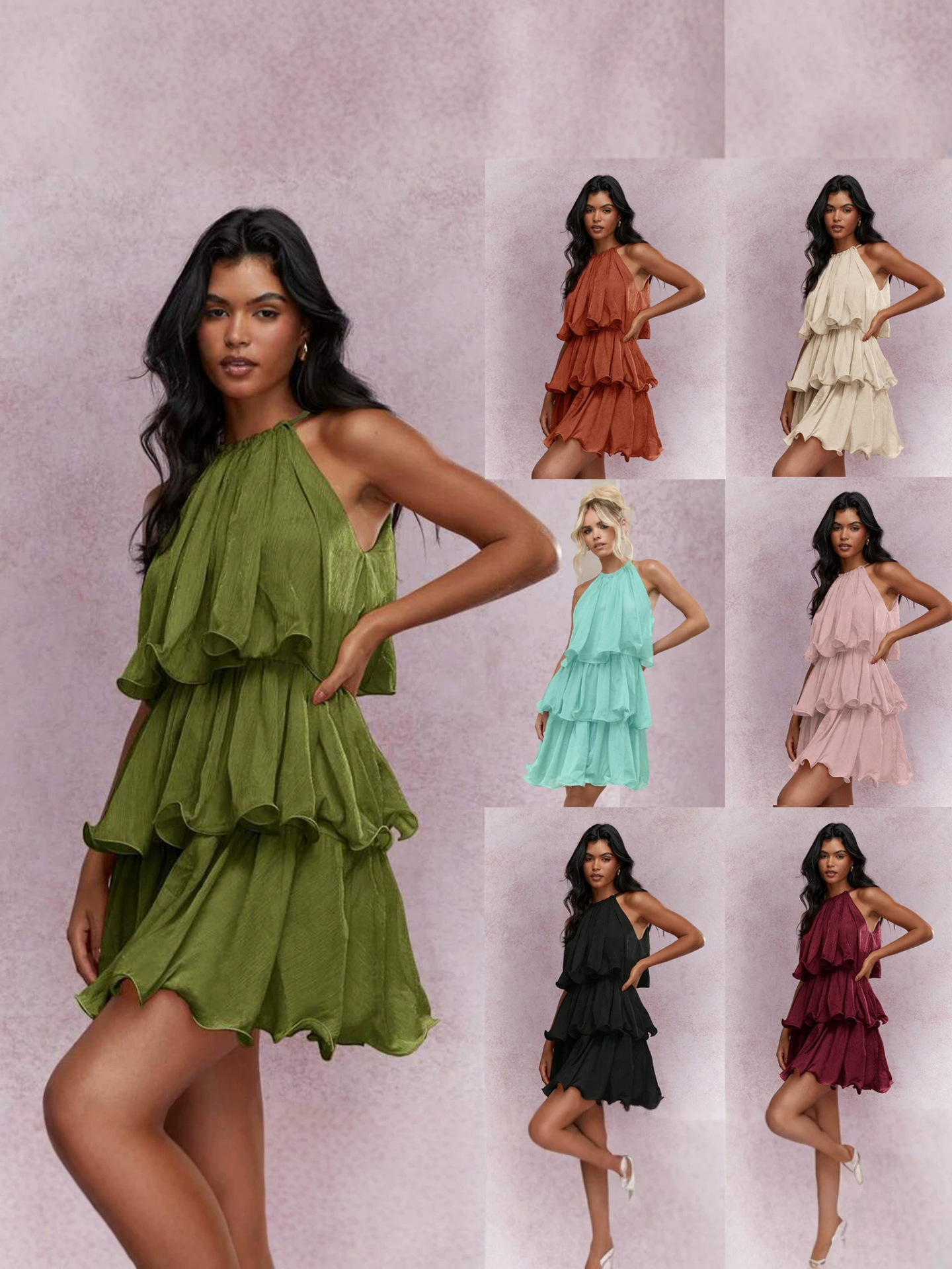 2026 European and American Cross-Border Foreign Trade Women's Clothing Summer Halter Neck Sleeveless High-End Layered Tulle Ruffle Dress