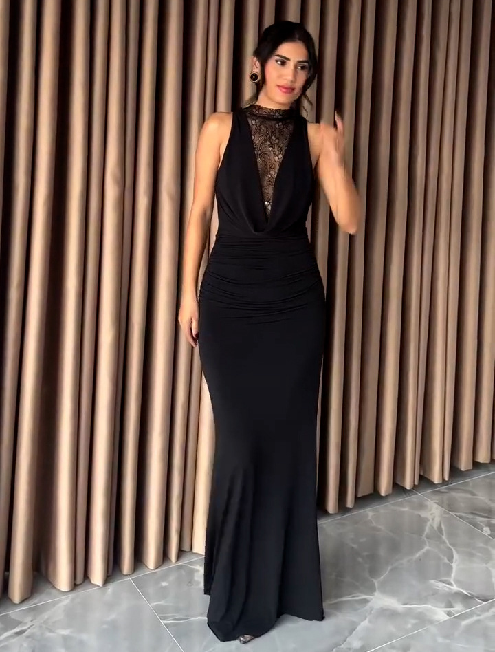 2025 New European and American Cross-Border Amazon Sexy Lace Patchwork Goddess-Style Slim-Fit Dress