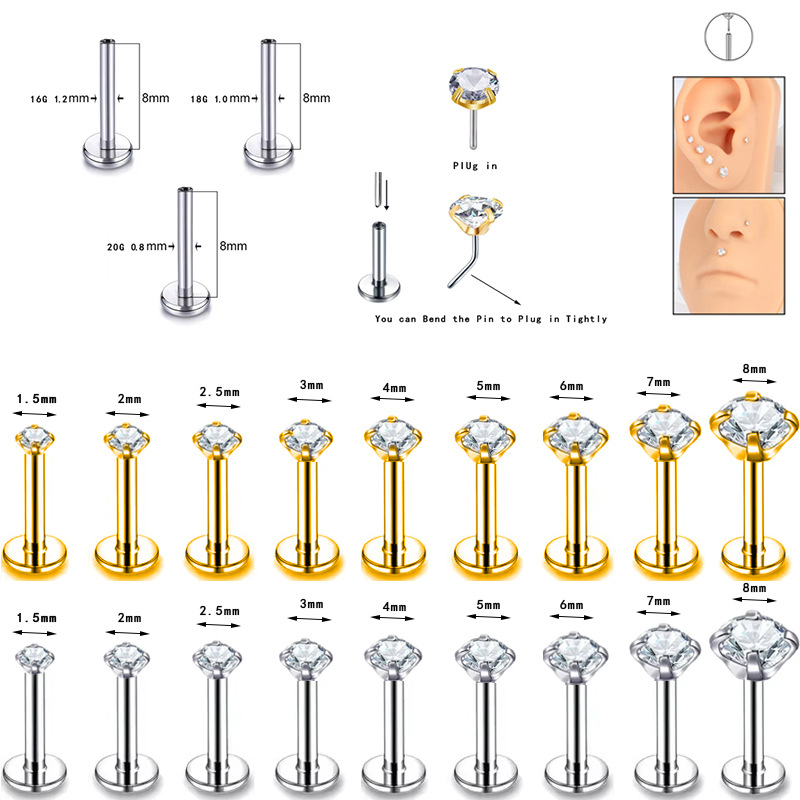 Stainless Steel Four-Claw Round Zirconia Stud Earrings Simple Zirconia Flat Lip Stud Insert Earrings Lip Ring