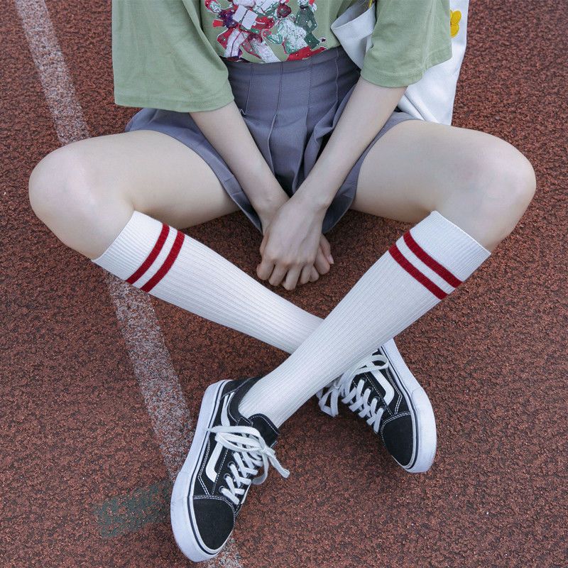 Manufacturer Wholesale Stripesd Two-Bar Socks for Women Cute Preppy Style Knee-Length Mid-Calf Ins Trendy Black Calf Socks