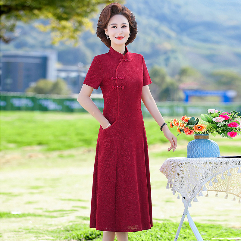 Chinese-style mother's 40-year-old slim-fit women's clothing for middle-aged dress 40-60-year-old skirt for middle-aged and elderly long skirt with short sleeves