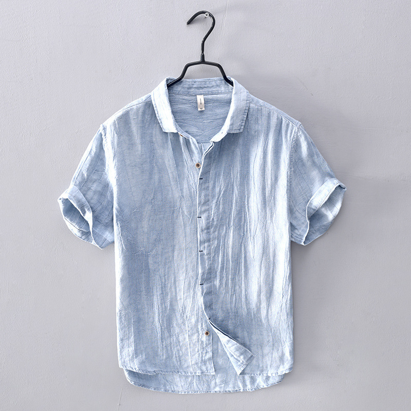 795 Japanese Simple Oxford Solid Color Short Shirt Men's Linen Thin Casual Short Sleeve Shirt