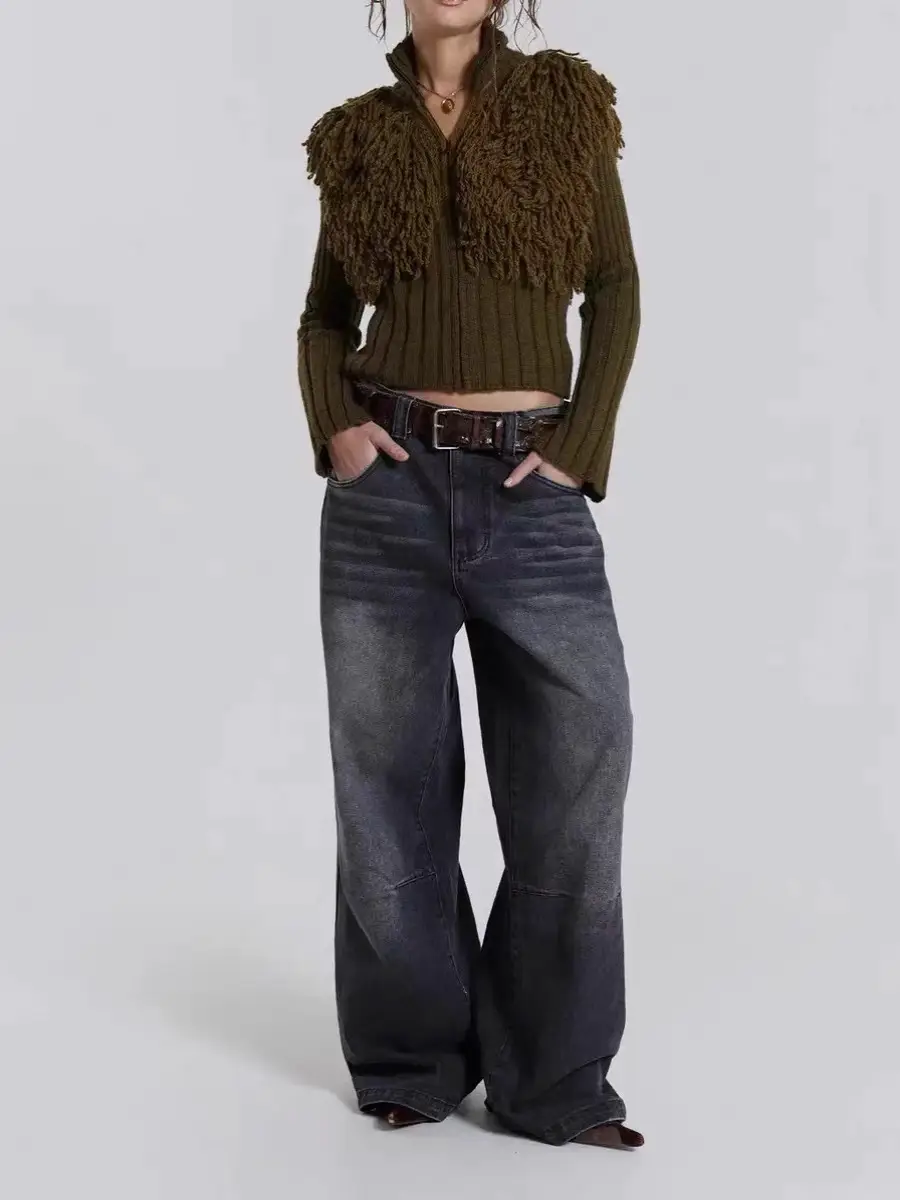 Jaded London Black Gray Jeans Mid-Low Waist Profile Straight-Leg Pants Distressed Retro