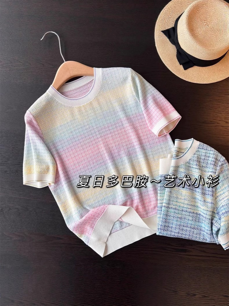 Gradient Dopamine Rainbow Tencel Knit T-Shirt Gradient Color Block Short Sleeve Top for Women 25 Summer New Wholesale