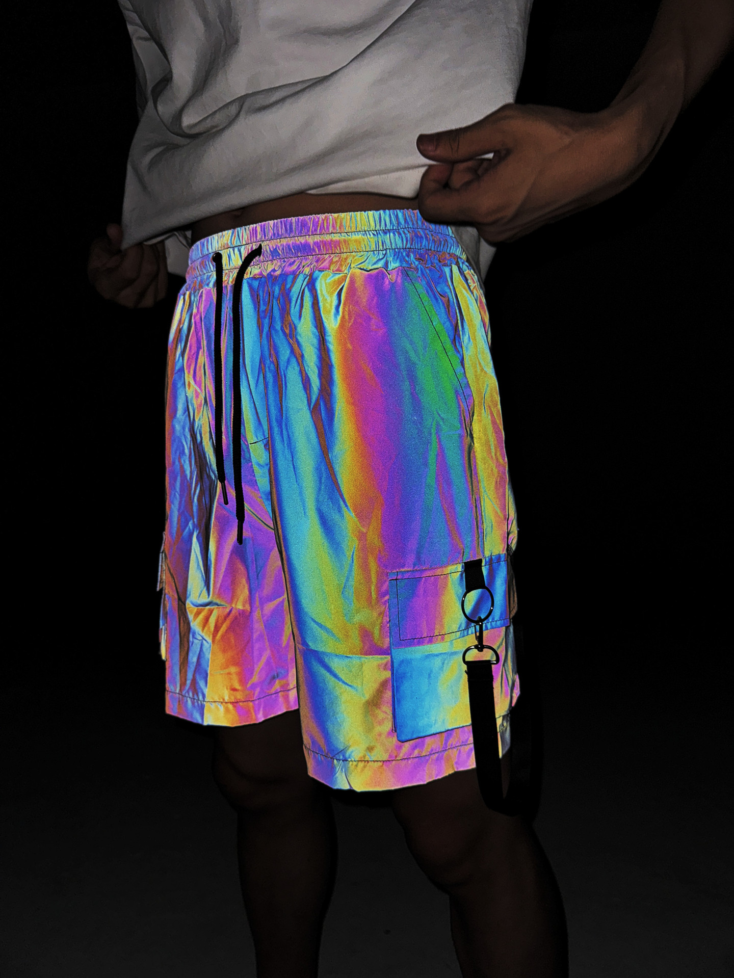 2025 Summer Colorful Reflective Tooling Shorts Men's Trendy Brand Hip-hop European and American Street Loose Straight Casual Pants