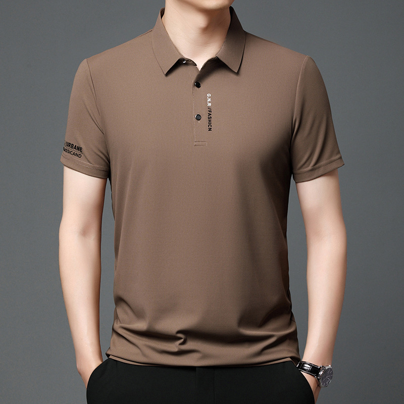 Summer New Ice Silk Short-Sleeved Men's T-Shirt Lapel Business Versatile Cool Fashion Trendy Printed Casual Men's T-Shirt