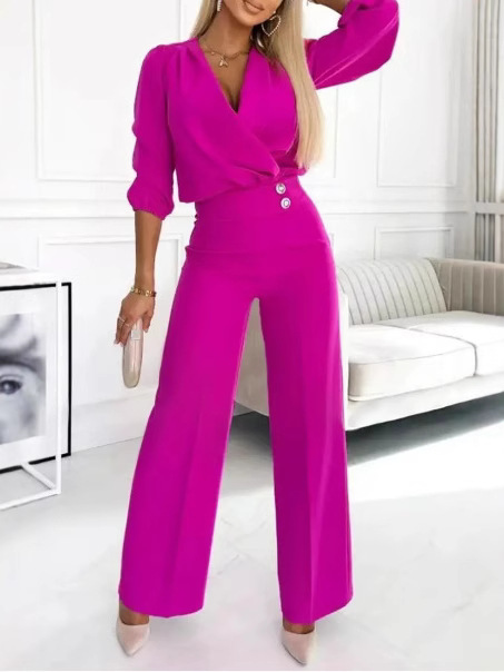 2025 Europe and the United States cross-border Amazon independent station new women's solid color v-collar two-button 2-piece pants suit