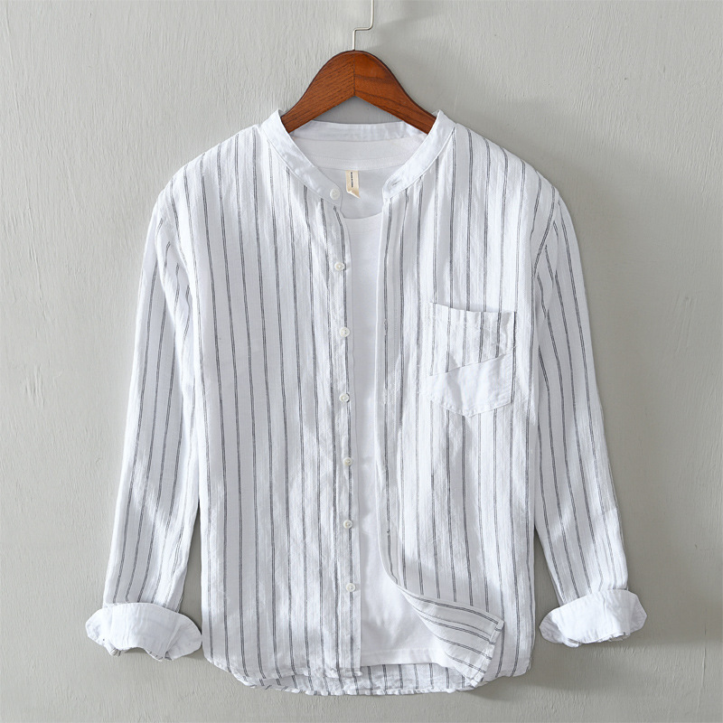 750 Japanese Simple Color Matching Office worker Joker Shirt Men's Cotton and Linen Striped Long Sleeve Shirt Men's One-Piece Hair