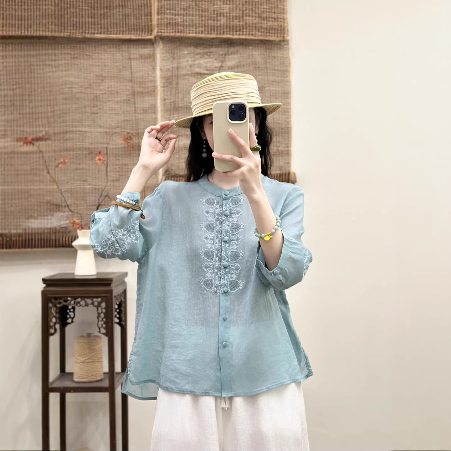 2026 Spring New Style Artistic Embroidered Ramie Shirt for Women, Retro Loose Casual Versatile Solid Color Round Neck Shirt