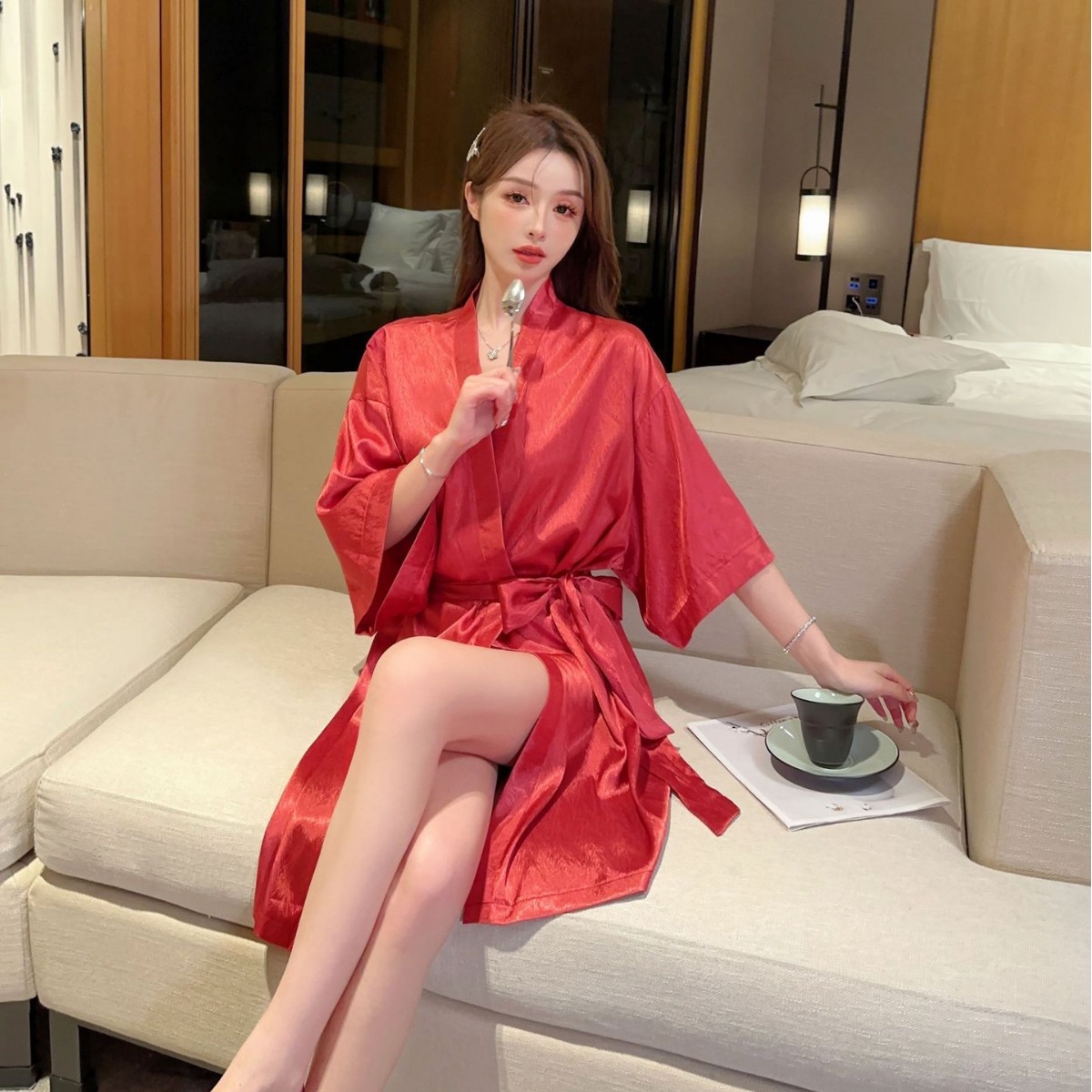 2026 Mid-Length Ice Silk Nightgown Summer Thin Fashion Simple Style Home Wear Women's Sexy Cardigan Bathrobe for Women